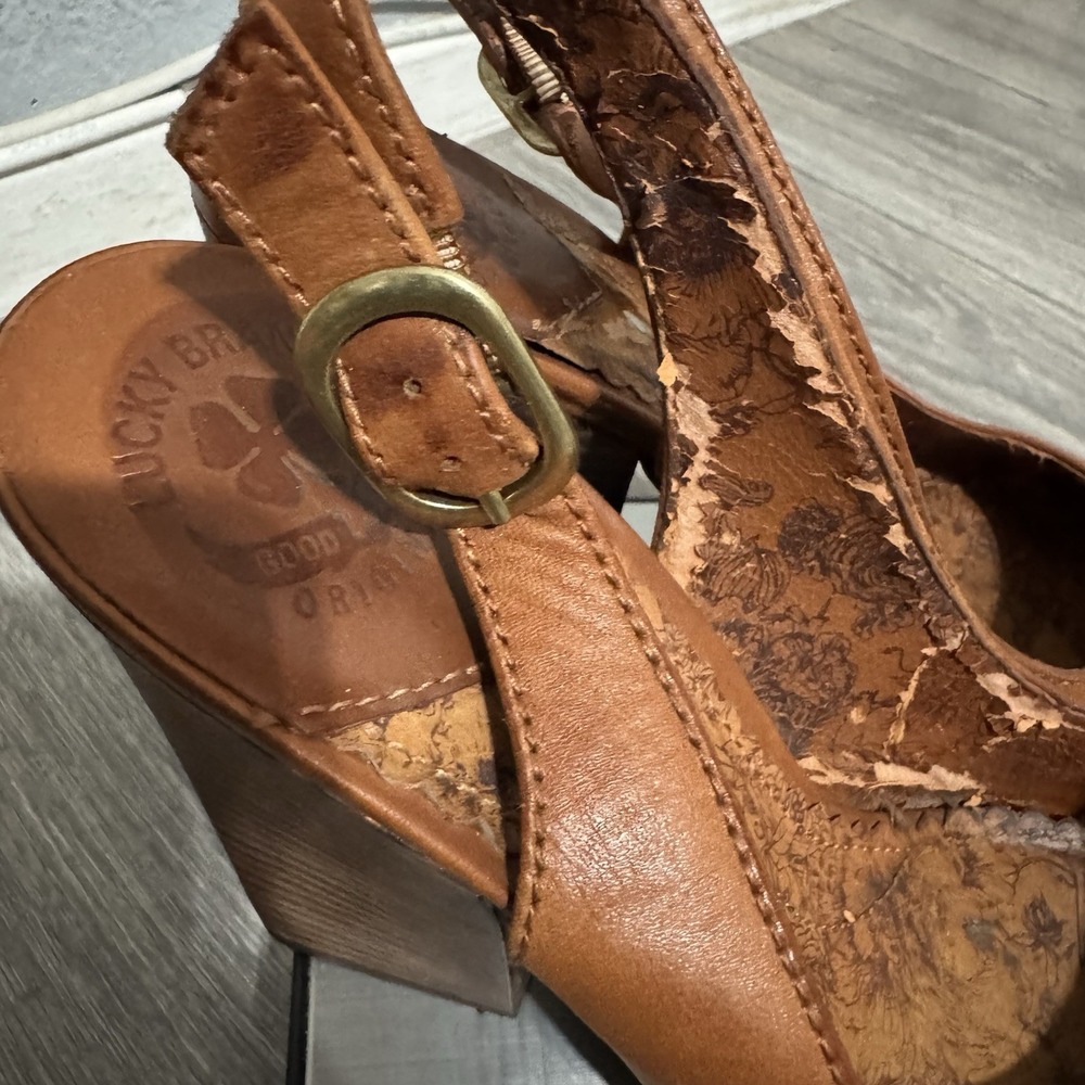 Lucky Brand Women's Brown Leather Heels Sz 8.5M Chunky Y2K Slingback Platform - Picture 12 of 13